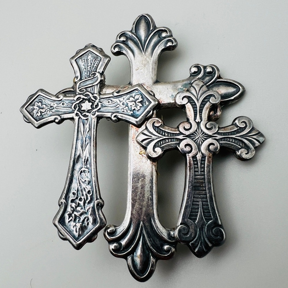 Vintage Triple Cross Brooch Silver Tone Ornate Religious Pin Gothic Revival